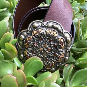 Brown Brass Orange Rhinestone Leather Belt